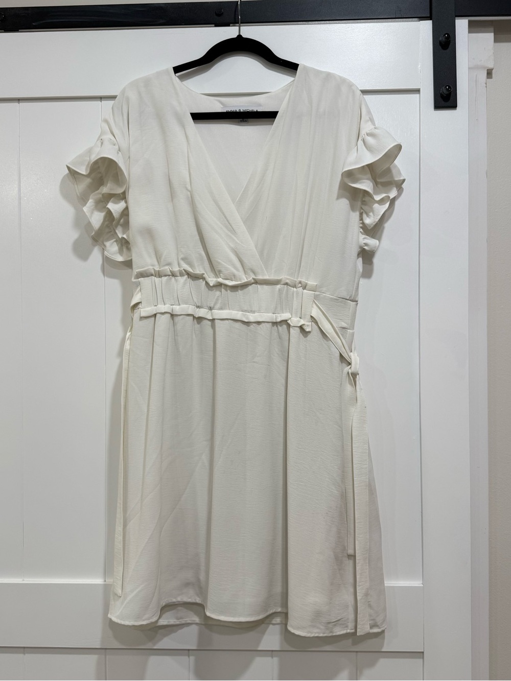 Emma & Michele Ivory Wrap Mini Dress with Ruffle Sleeves